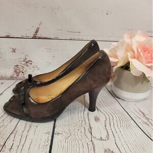 Sofft Pumps Heels Shoes Size 7.5M 3" Brown Suede Leather Peep-Toe Bow